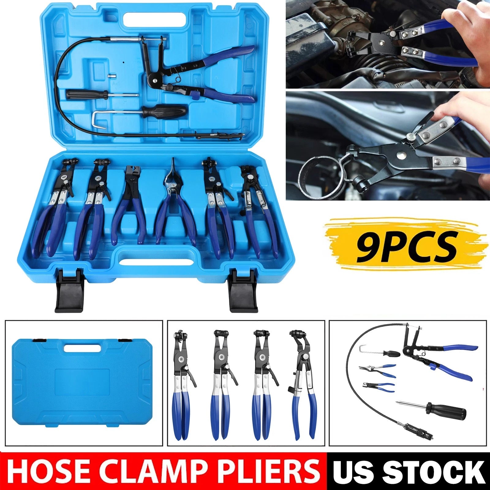 9Pcs Flexible Hose Clamp Pliers Wire Long Reach Fuel Oil Water Hose Remover Tool