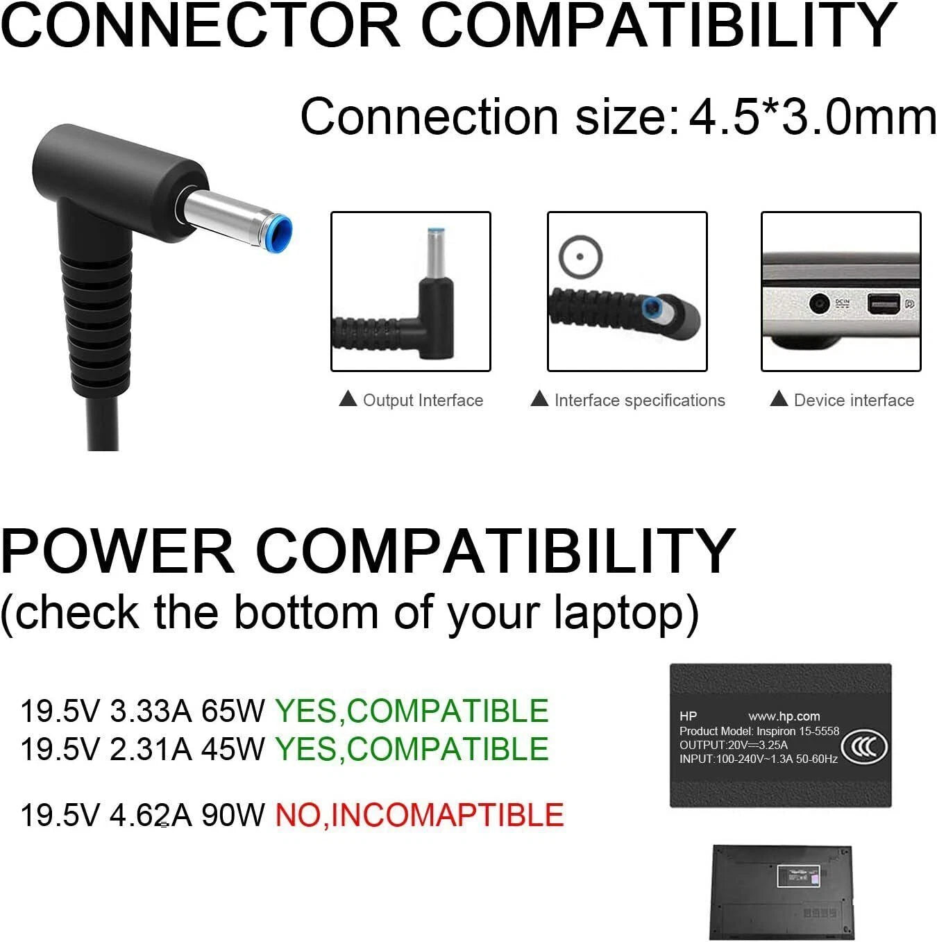 Charger for HP Laptop Computer 65W 45W Blue Tip Power AC Adapter 4.5mm 3mm
