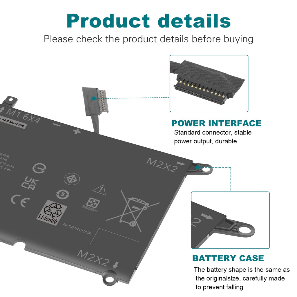 DXGH8 Laptop Battery For Dell XPS 13 9370 9380 7390 G8VCF 0H754V V48RM 52WH
