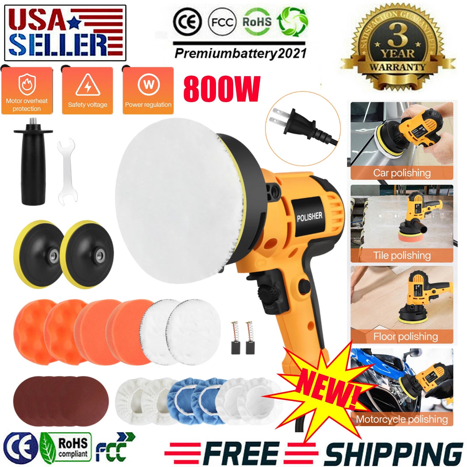 800W Car Polisher Buffer Sander Polishing Machine Rotary 5" Buffing Pads Kit
