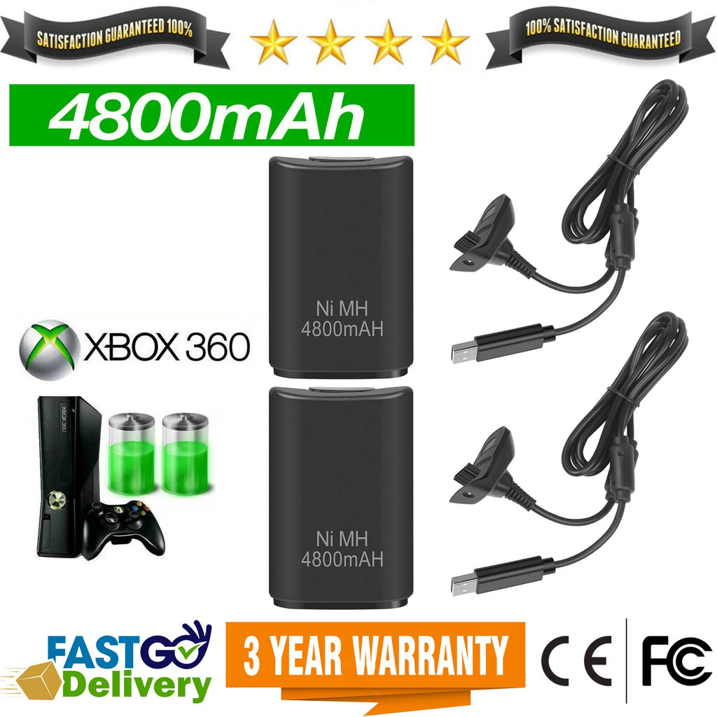 For Xbox 360 Wireless Controller Dual Rechargeable Battery Packs + Charger Cable