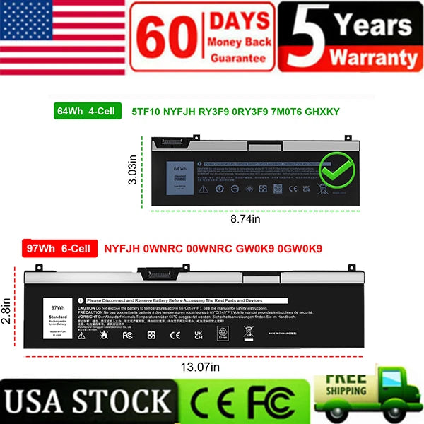 NYFJH?5TF10 Battery For Dell Precision 7330 7530 7540 7730 7740 P74F 0WNRC GW0K9