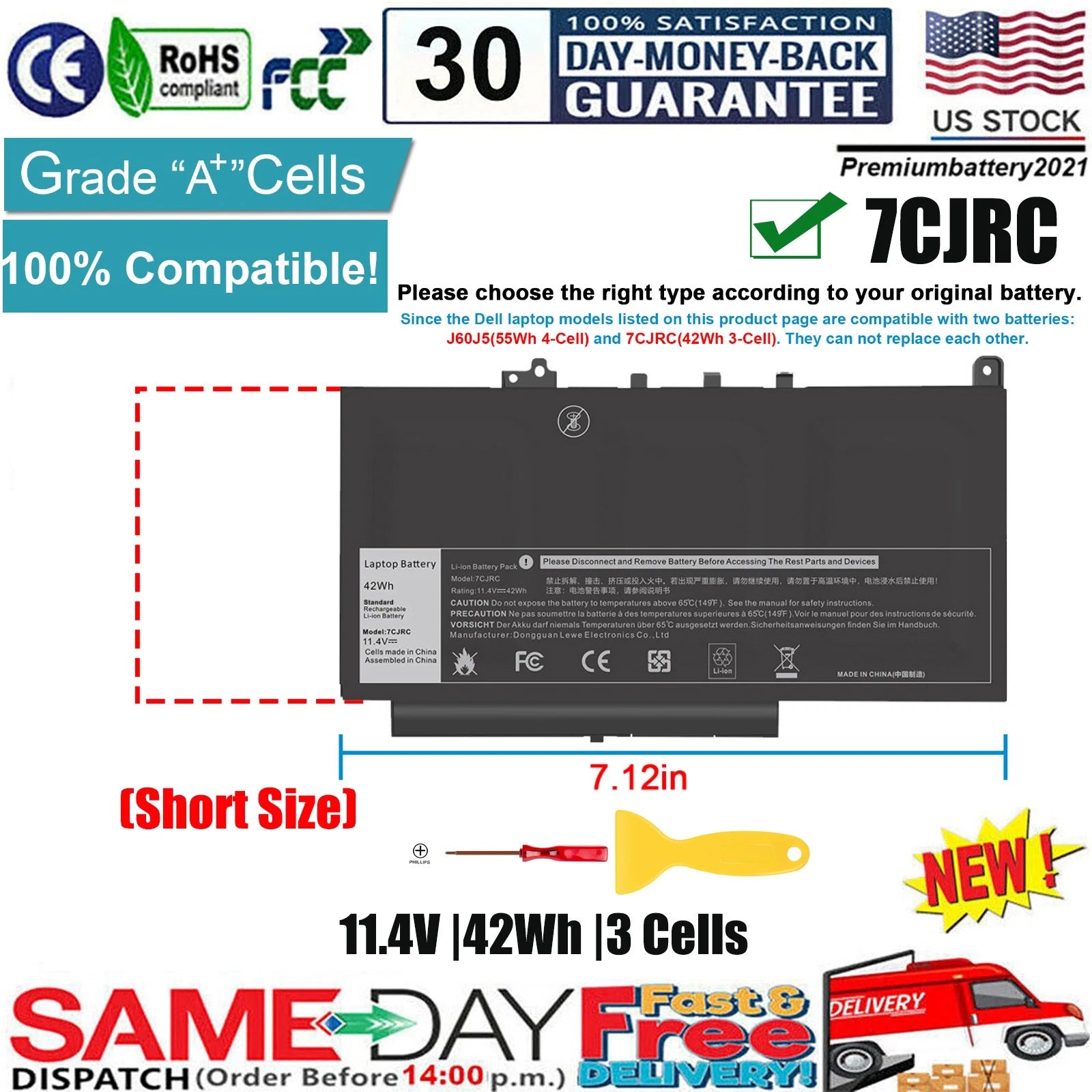 ?42Wh 7CJRC Laptop Battery For Dell Latitude 7470 7270 E7470 E7270 Series KNM09