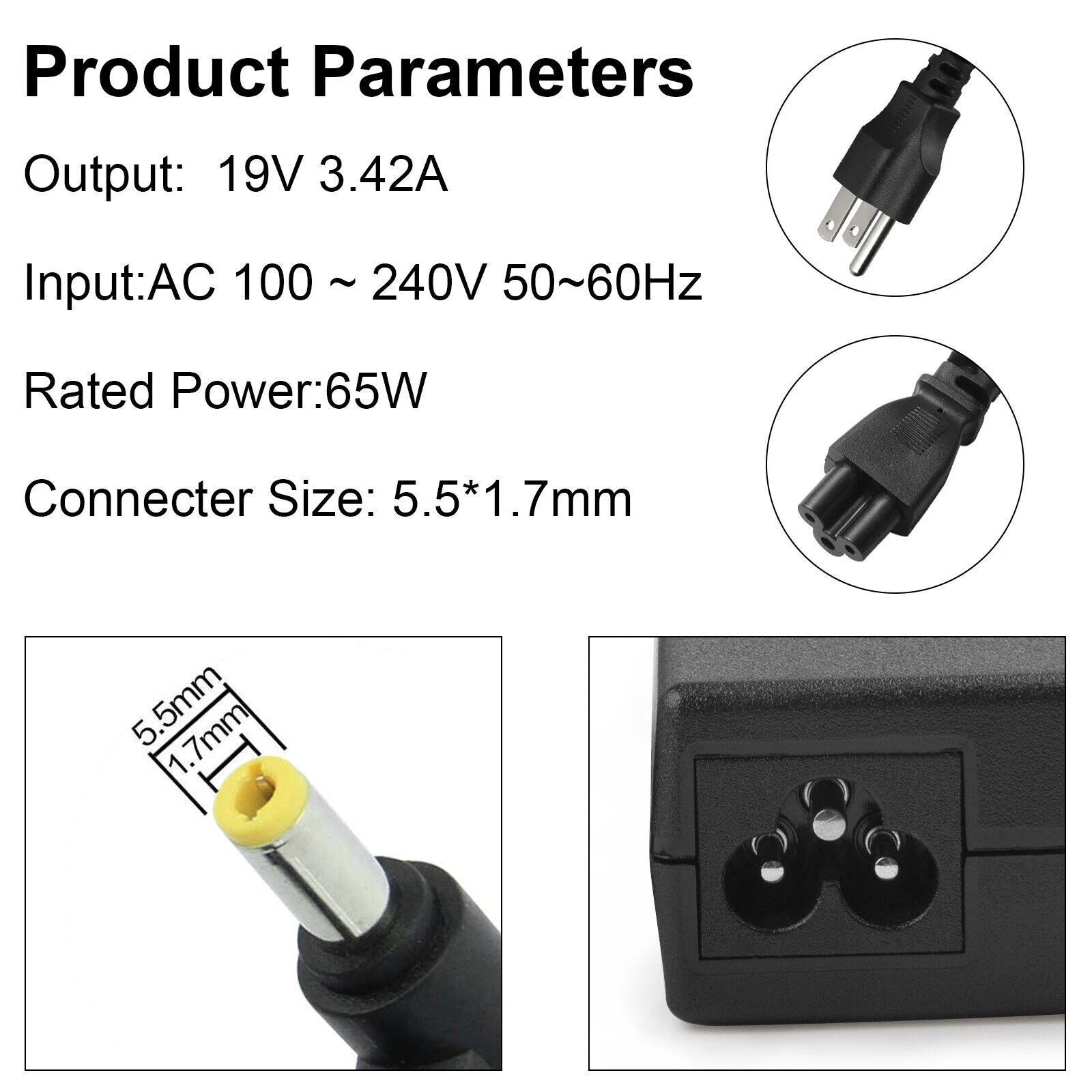 19V 3.42A 65W AC Adapter Charger for Acer Aspire 1, 3, 5, 6, V3, V5, V7 Series