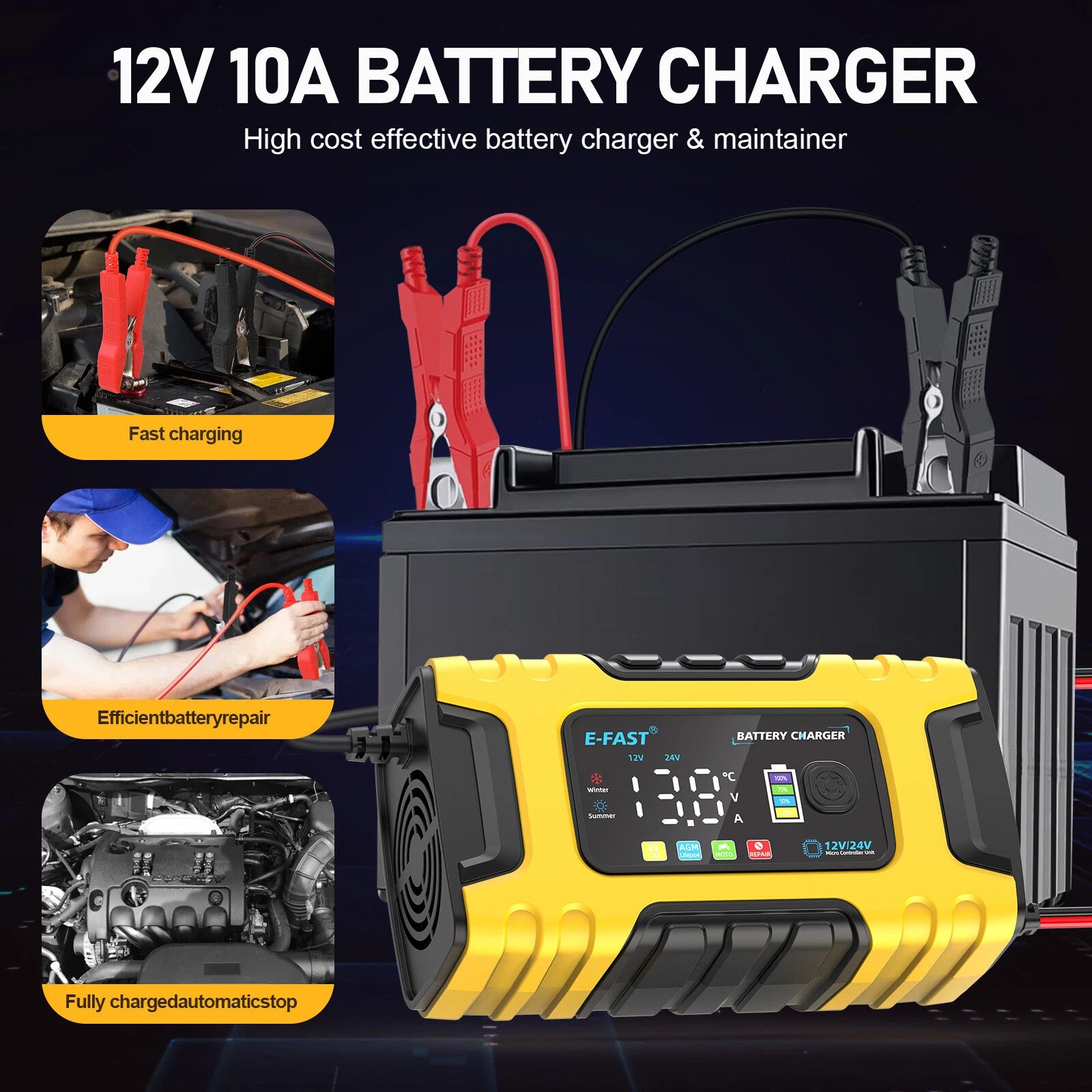 12V 24V 10A Smart Fast Car Battery Charger Lifepo4 Automatic Pulse Repair AGM US