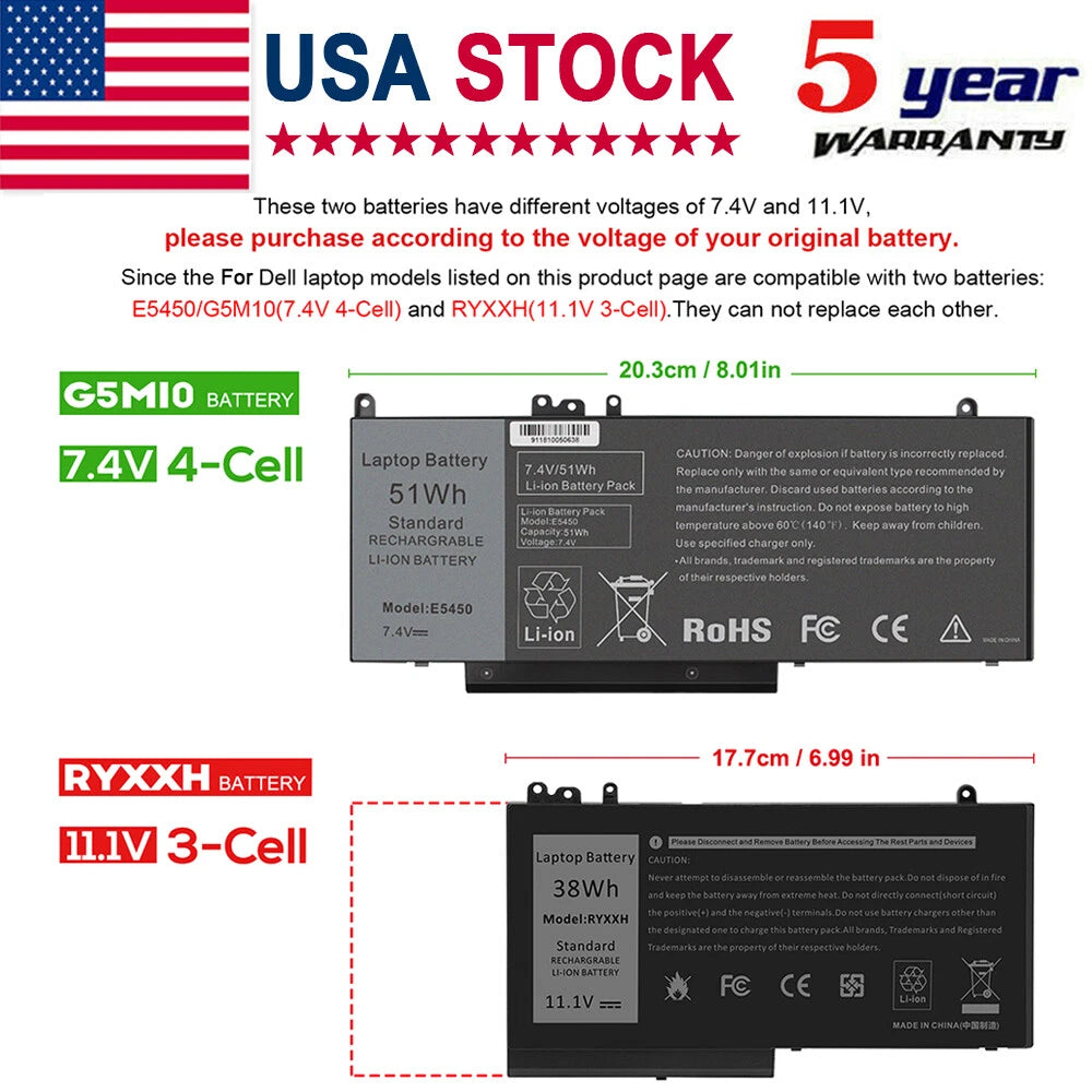 Battery for Dell Latitude E5250 E5450 E5550 11 3150 3160 Notebook G5M10 RYXXH