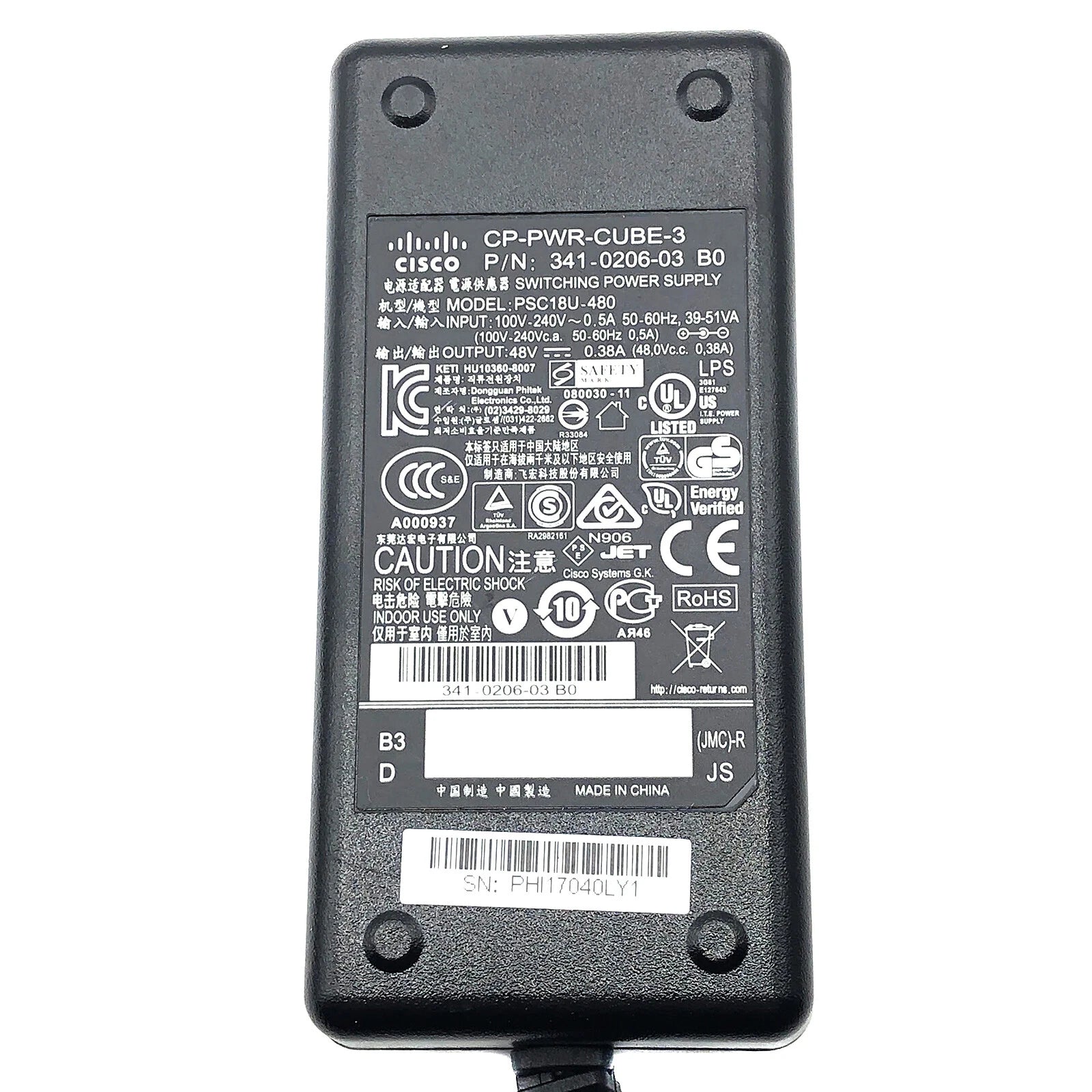 NEW Genuine Cisco 48V AC Adapter Charger PSA18U-480 34-1977-05 380mA OEM