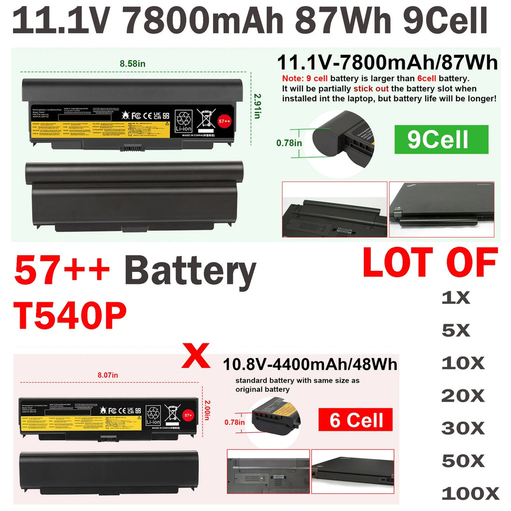 ??LOT 57++ Battery T540p For Lenovo ThinkPad L440 L540 T440p W540 7800mAh 9Cells