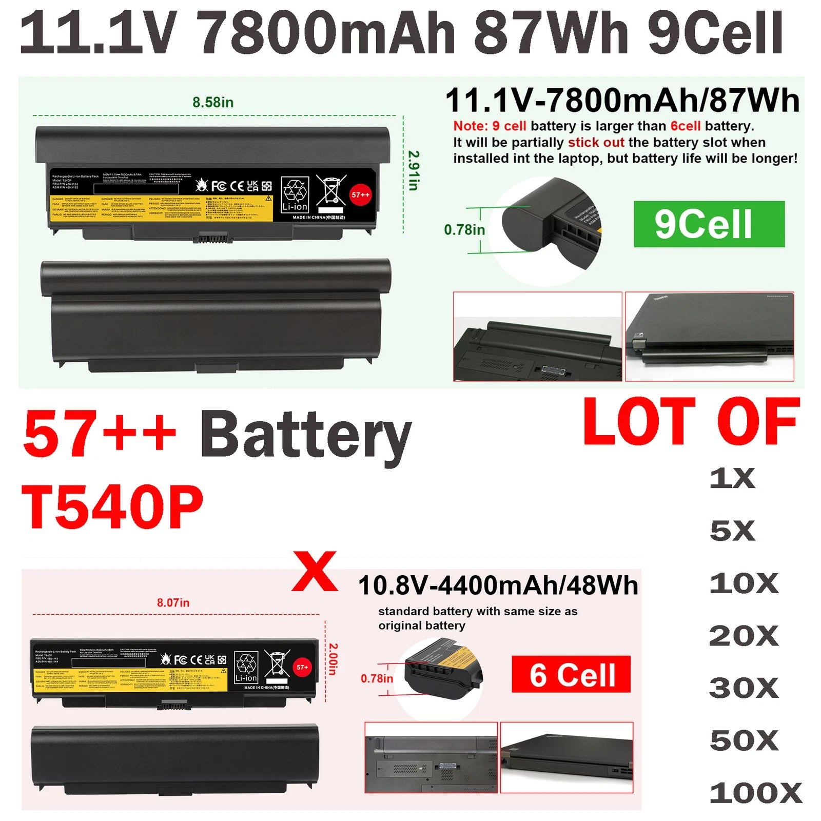 ??LOT 57++ Battery T540p For Lenovo ThinkPad L440 L540 T440p W540 7800mAh 9Cells