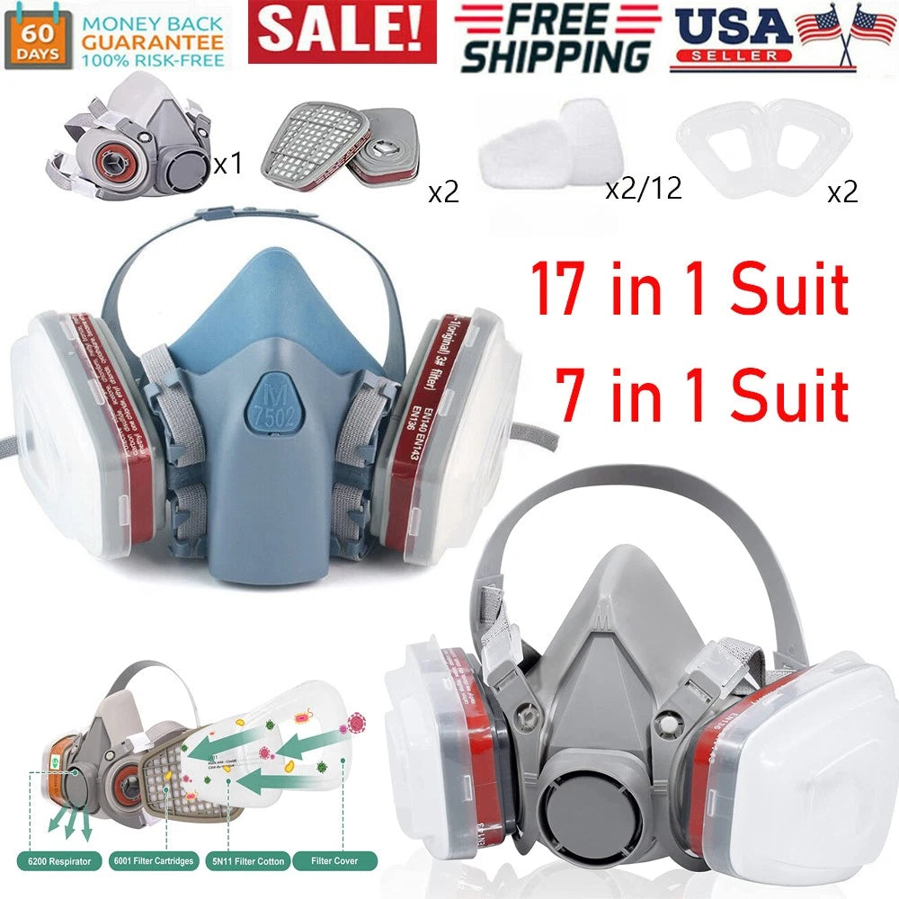 7 IN 1 Half Face Gas Mask for 6200/7502 Gas Painting Spray Protection Respirator