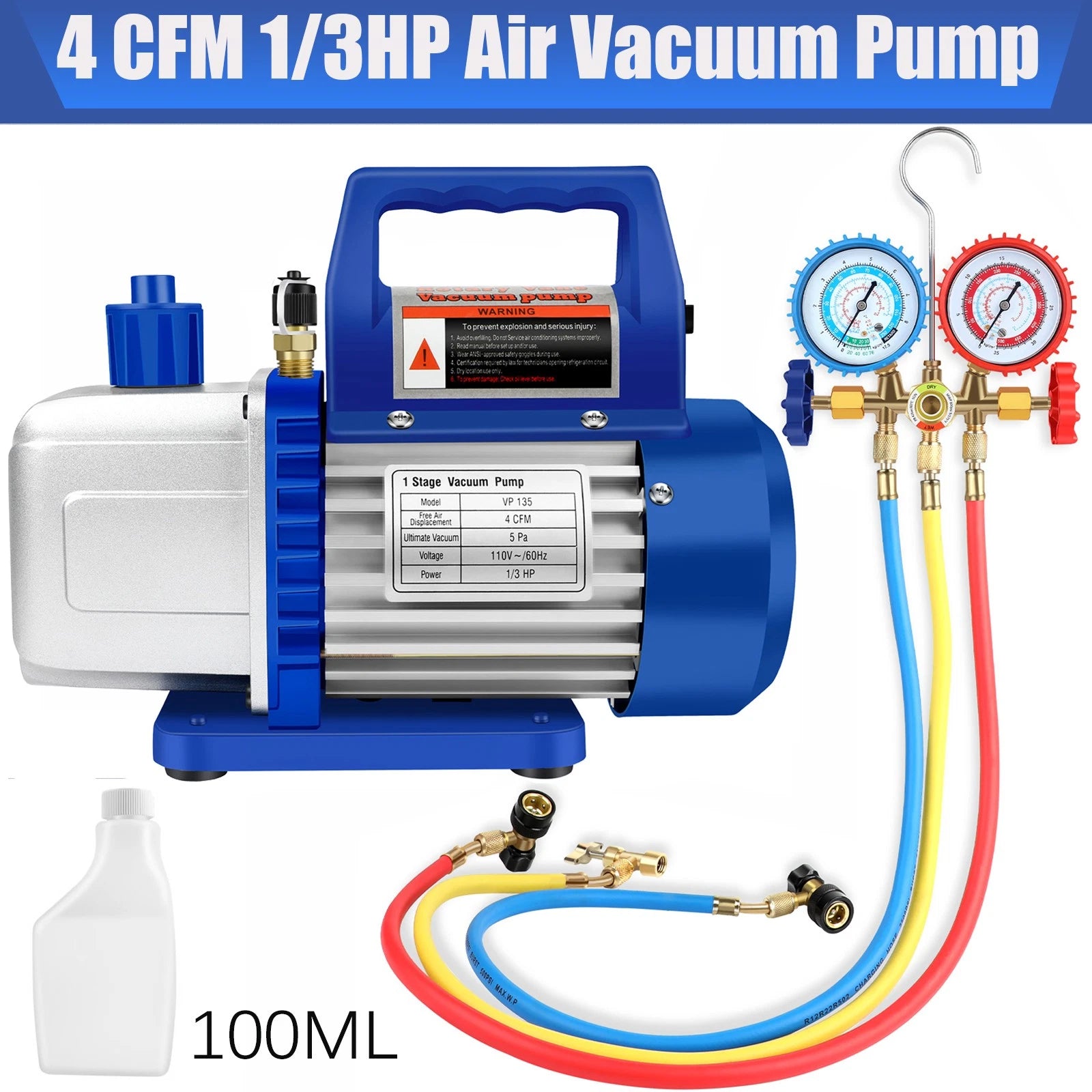 4 CFM 1/3HP Air Vacuum Pump HVAC Manifold Gauge Set AC A/C Refrigeration Kit US