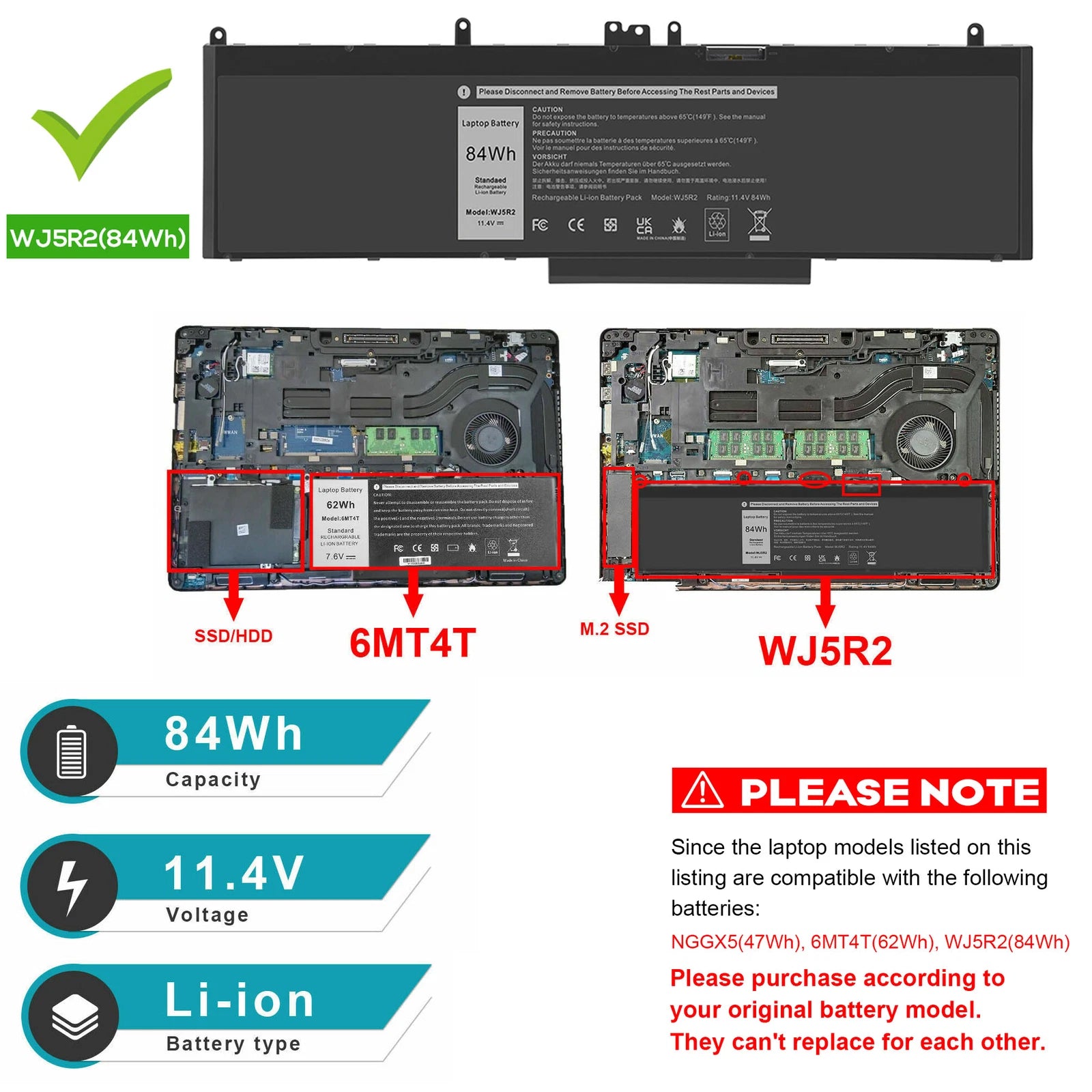 ?NEW WJ5R2 4F5YV Battery For Dell Precision 3510 Serie Latitude E5570 11.4V 84Wh
