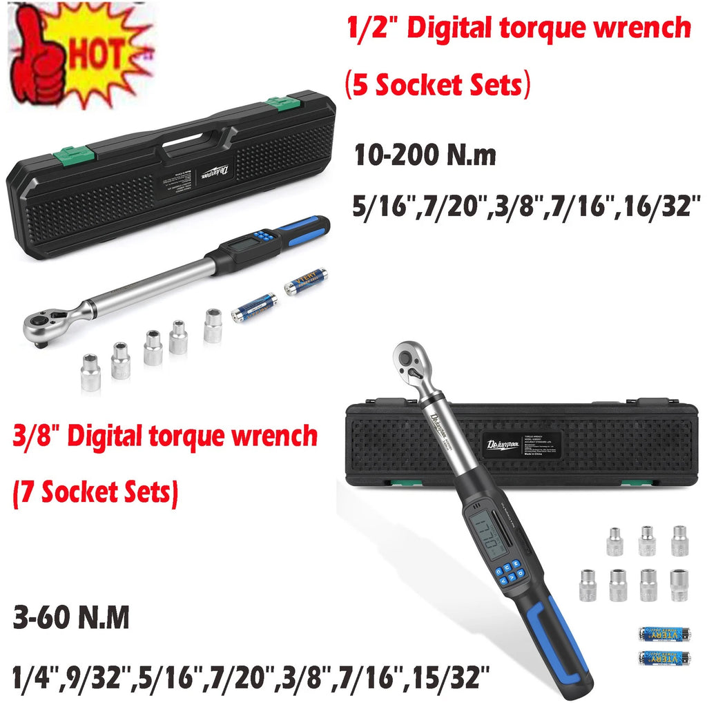 ??1/2"OR 3/8" Drive Torque Wrench 3-60NM 10-200NM 2*Battery & Sockets Adjustable