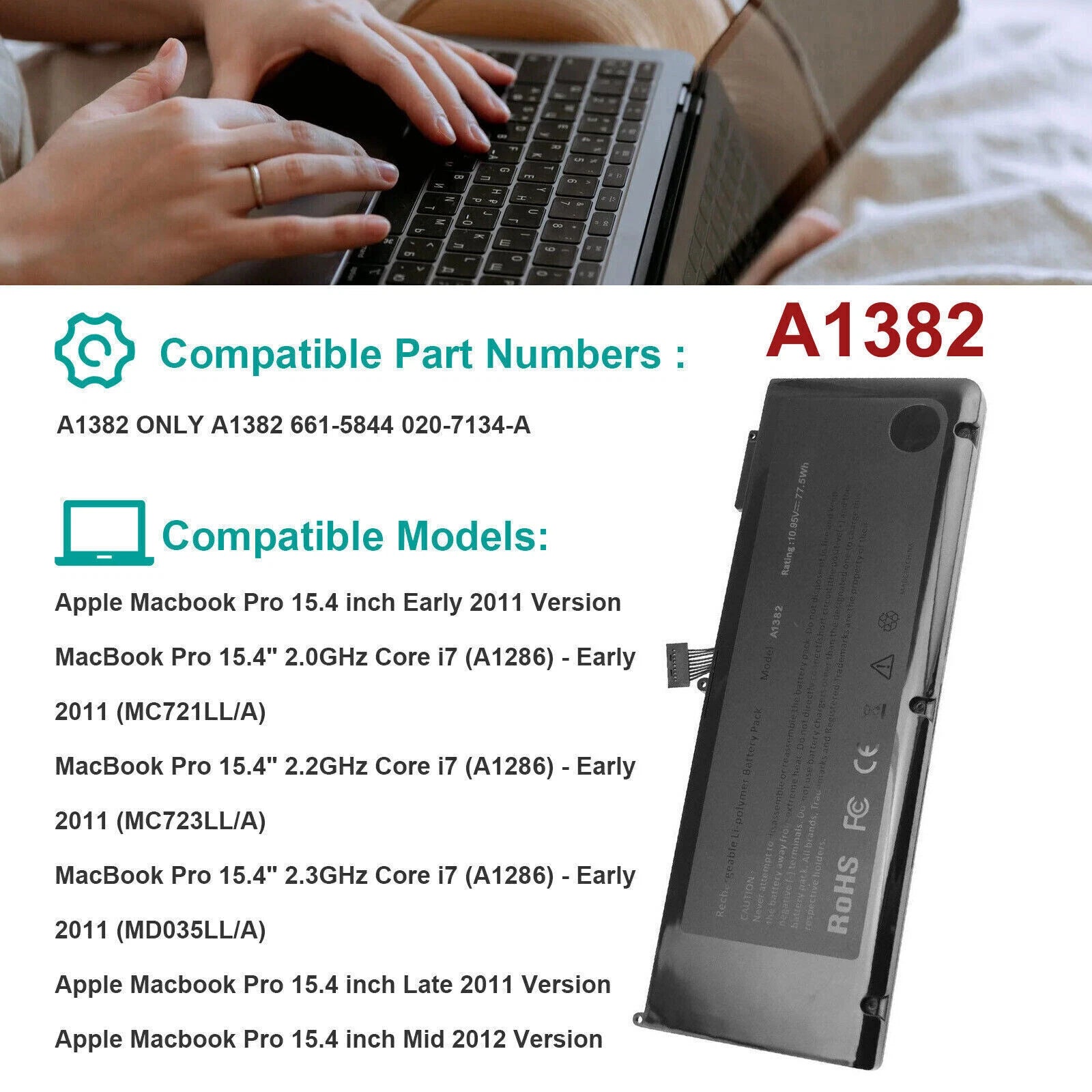 A1321 A1382 Battery for Apple Macbook Pro 15 Inch A1286 Mid 2009 2010 MC118LL/A