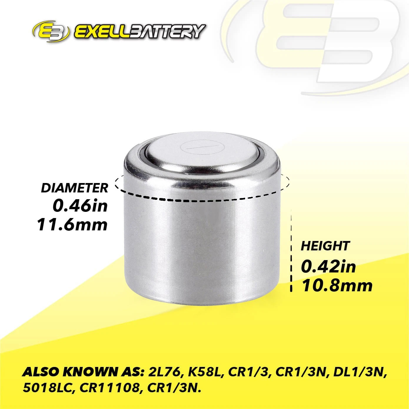Exell 3V Lithium Battery, CR1/3N High-Power Compatible With 2 LR44 Cells, 1-Pack
