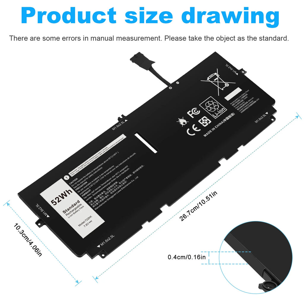 722KK Laptop Battery for Dell XPS 13 9300 9310 P117G001 2XXFW FP86V WN0N0 52Wh