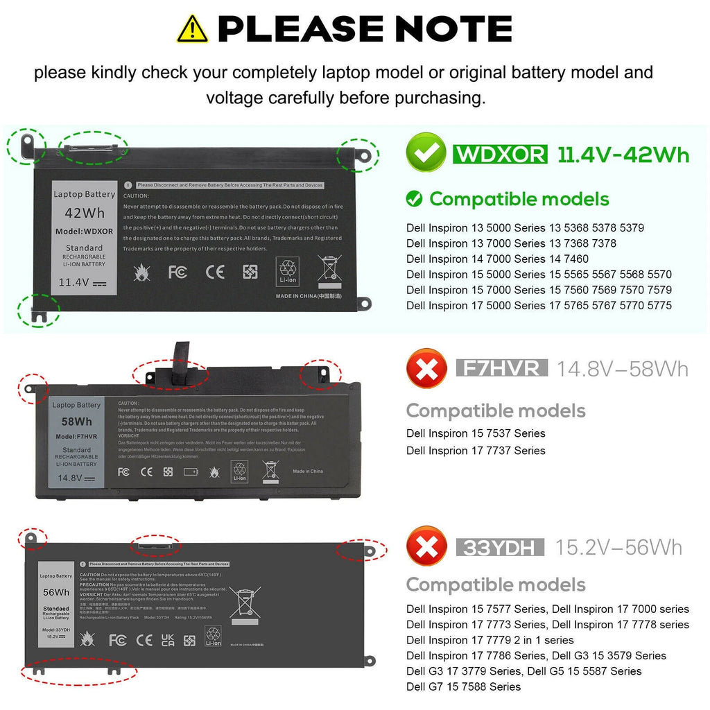 Lot Battery WDXOR WDX0R for Dell Inspiron 15 5568 13 7368 17 5765 3CRH3 42Wh