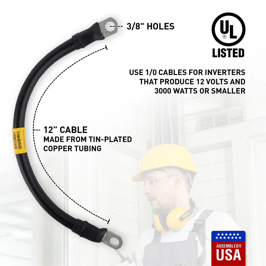 1/0 Black Battery Interconnect Cable 12" with 3/8" Lugs ASSEMBLED IN USA