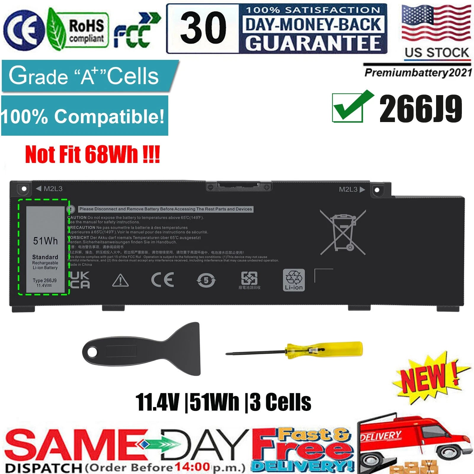 For Dell G3 15 3500 3590 G5 5500 5505 Laptop Battery 51Wh 11.4V M4GWP 266J9