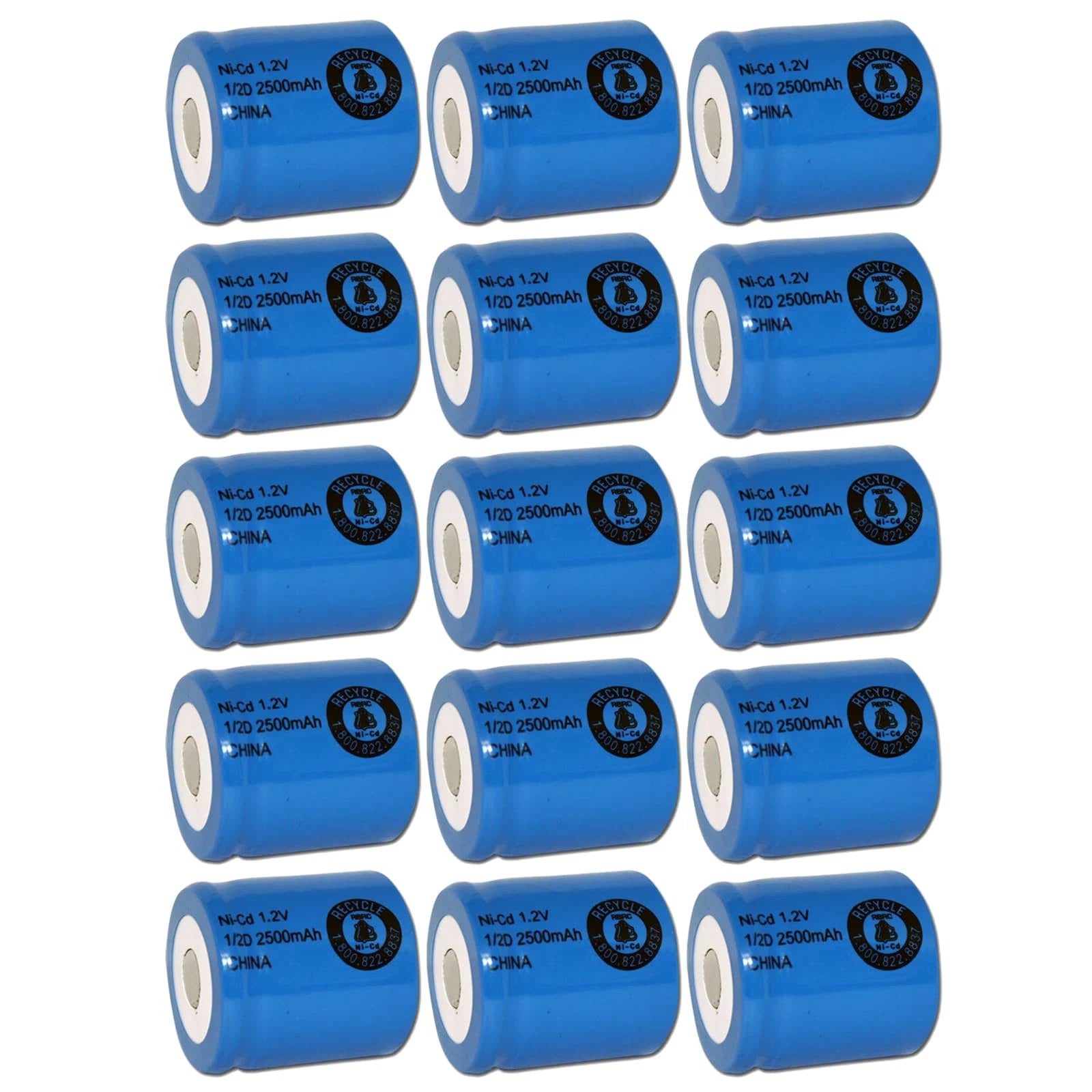 15x Exell 1.2V 2500mAh NiCD 1/2D Rechargeable Battery Flat Top Cell