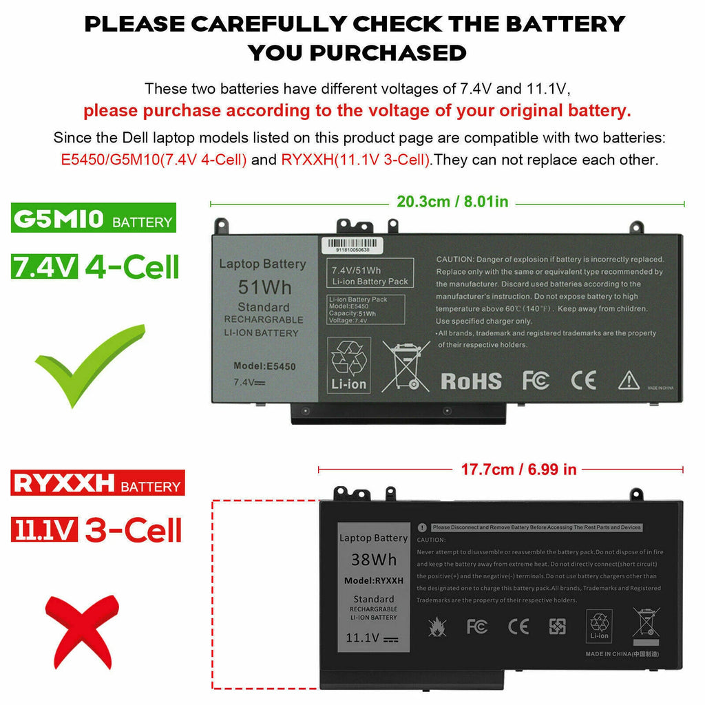 Type G5M10 8V5GX Battery 7.4V 51Wh for DELL Latitude E5450 E5550 E5250 15.6 inch