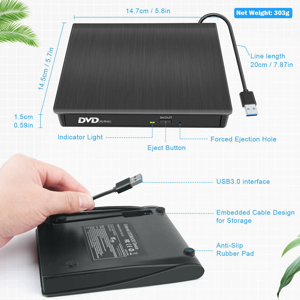USB 3.0 Portable CD/DVD + RW Drive Player External for Laptop ROM Windows Apple