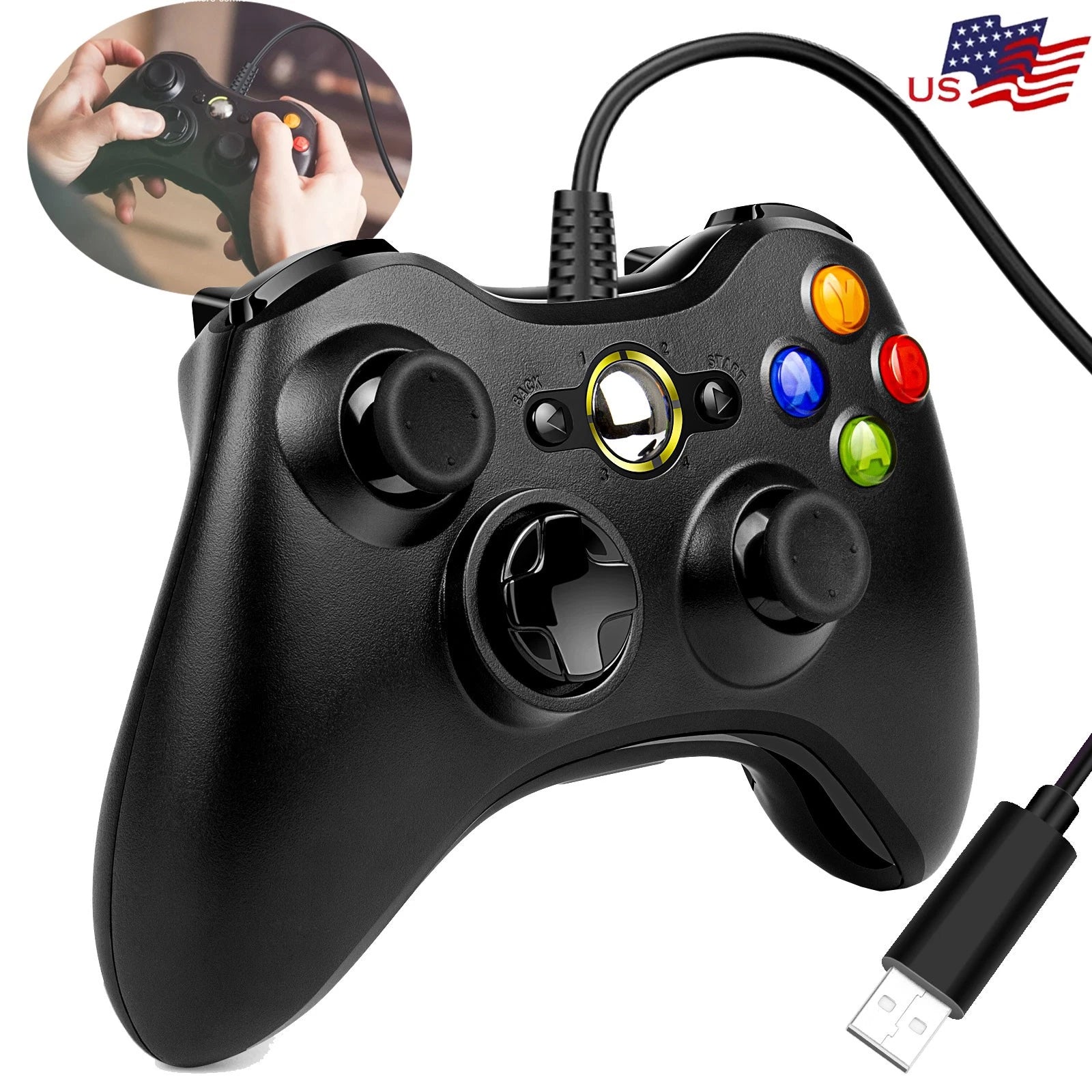Wired USB Game Controller Gamepad for Microsoft XBOX 360 & PC WIN 7 8 10 Black