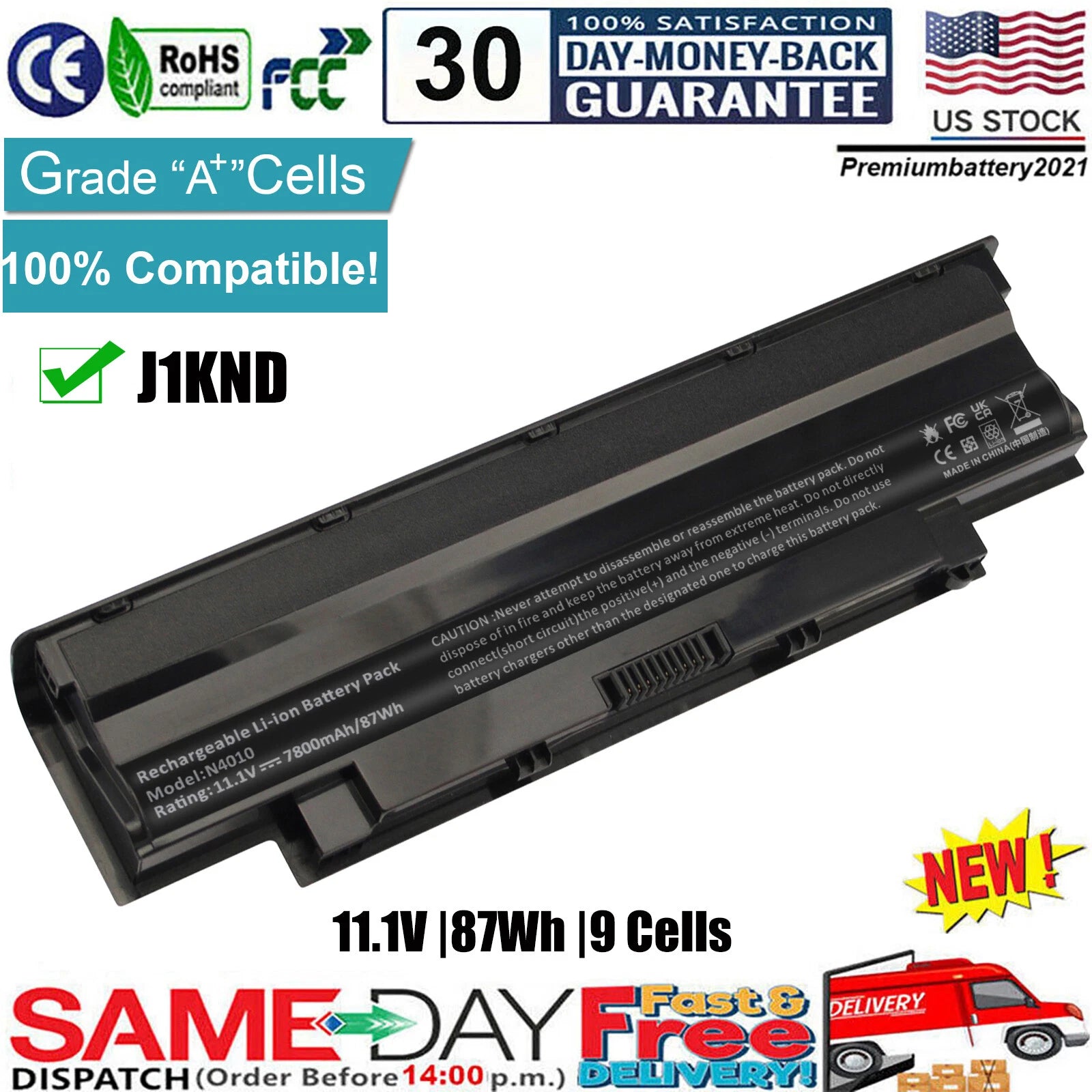 9C Battery J1KND for Dell Vostro 1440 1450 1540 1550 3450 3550 3555 3750 04YRJH
