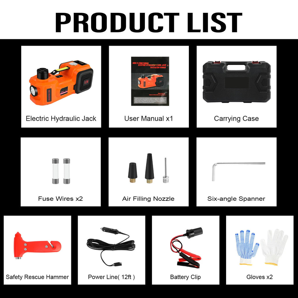 Car Jack 12V DC 5 Ton Electric Hydraulic Floor Lift Jack Tire Inflator Pump Tool
