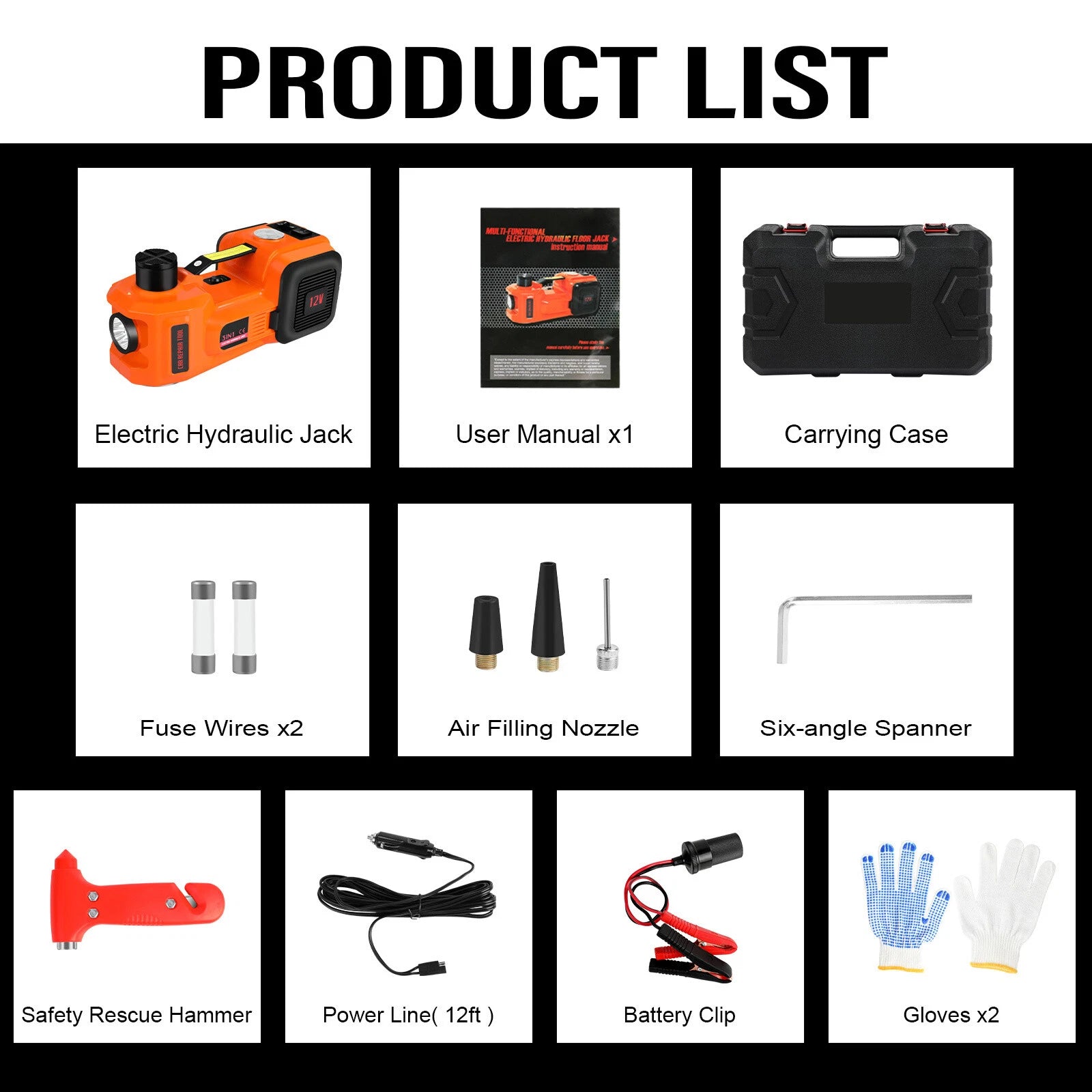 Car Jack 12V DC 5 Ton Electric Hydraulic Floor Lift Jack Tire Inflator Pump Tool