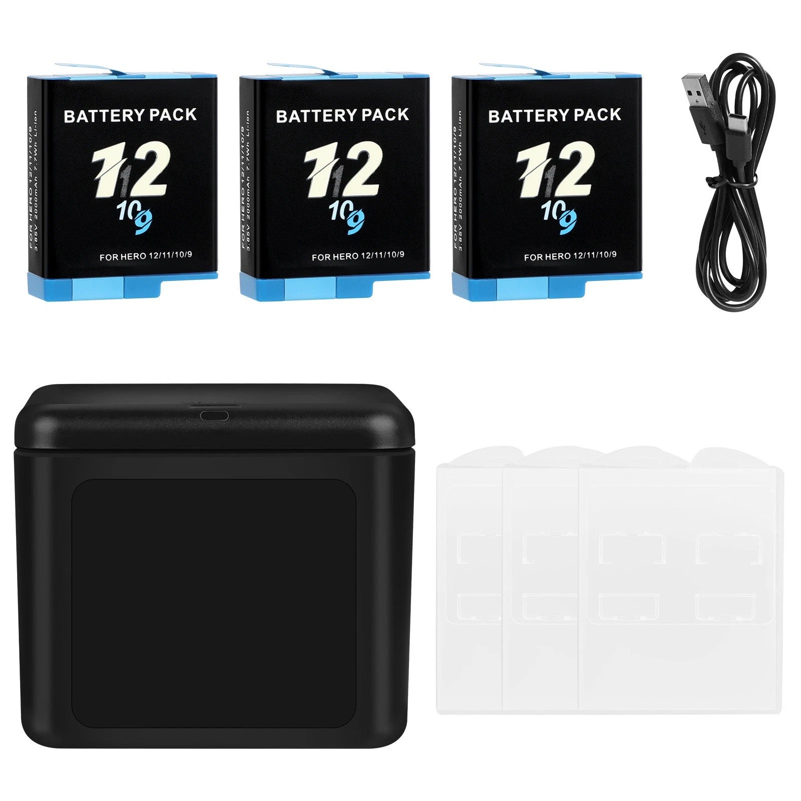?3x Battery Charger for GoPro Hero 12 11 10 9 W/ 2x2Ah Battery & Charger Type-C