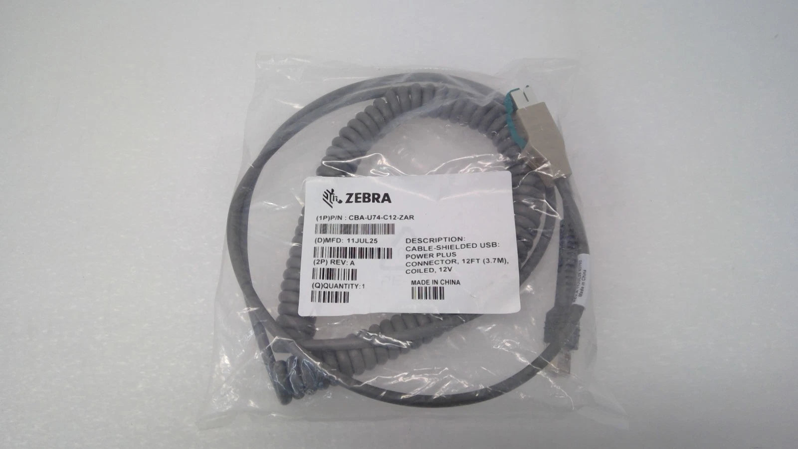 NEW Zebra CBA-U74-C12-ZAR Powered USB Cable 12V 12FT(3.7M) COILED Shielded POS
