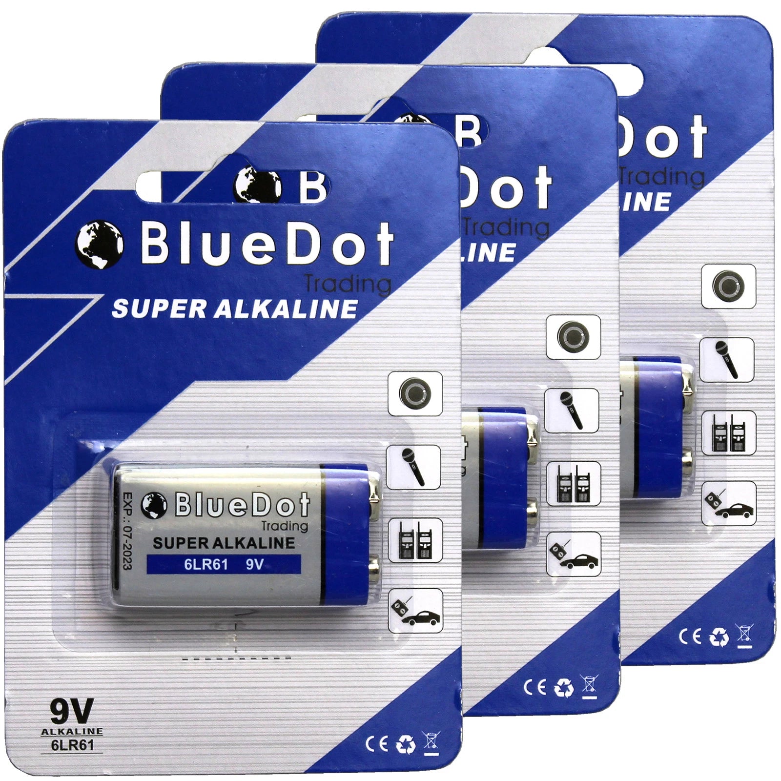 3 THREE BRAND NEW ~ 9 Volt 9v BlueDot Alkaline Battery ~ Mics CB Ham Radio Power