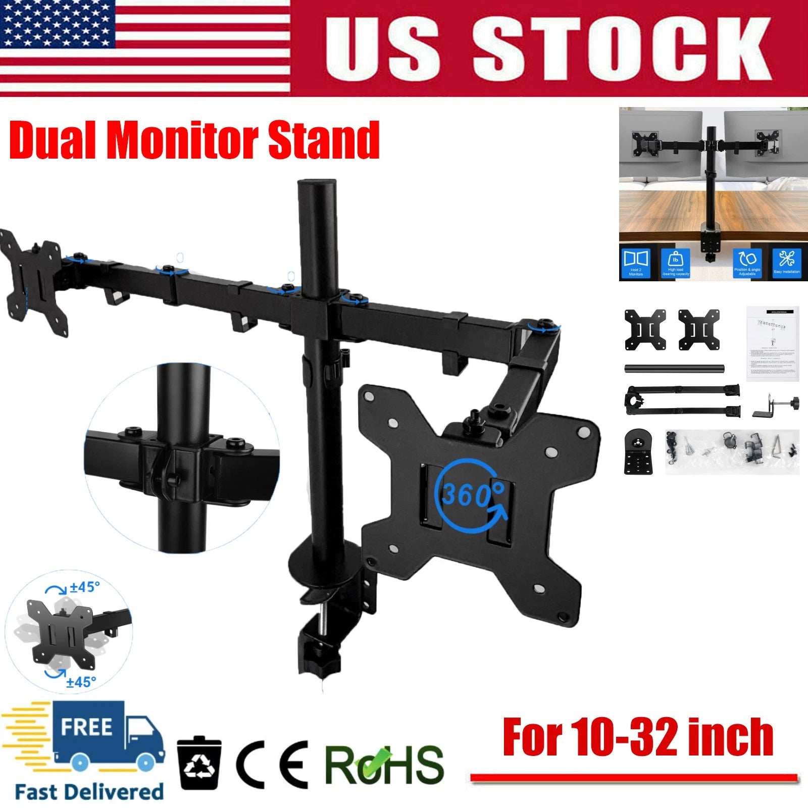 Dual Monitor Stand for 10" to 32" Screens,Free Standing Adjustable Monitor Mount