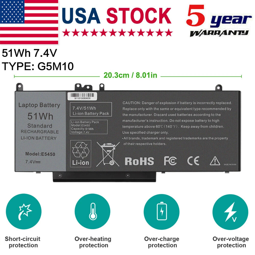 Battery for Dell Latitude E5250 E5450 E5550 Notebook 15.6" G5M10 51Wh 7.4V CP
