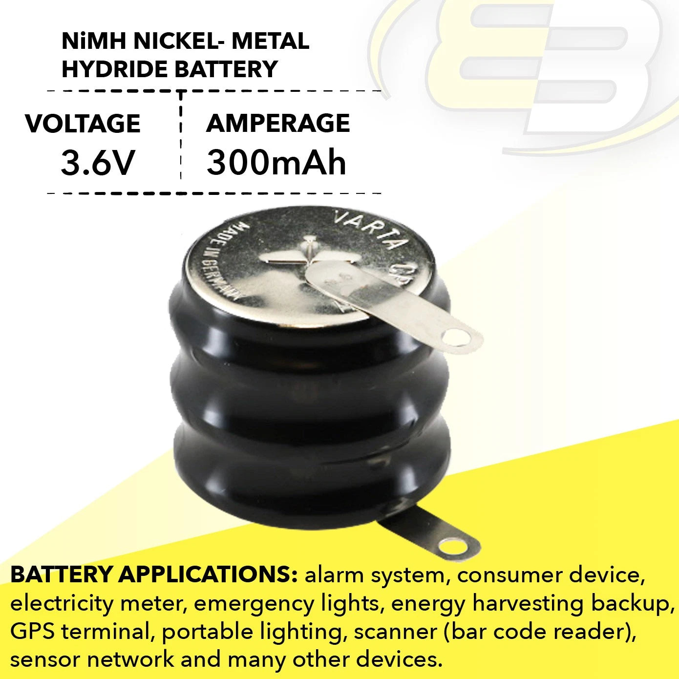 3/CP300H-TABS 3.6V 300mAh NiMH Battery w/TABS For MBU, GPS-Tracker, Metering