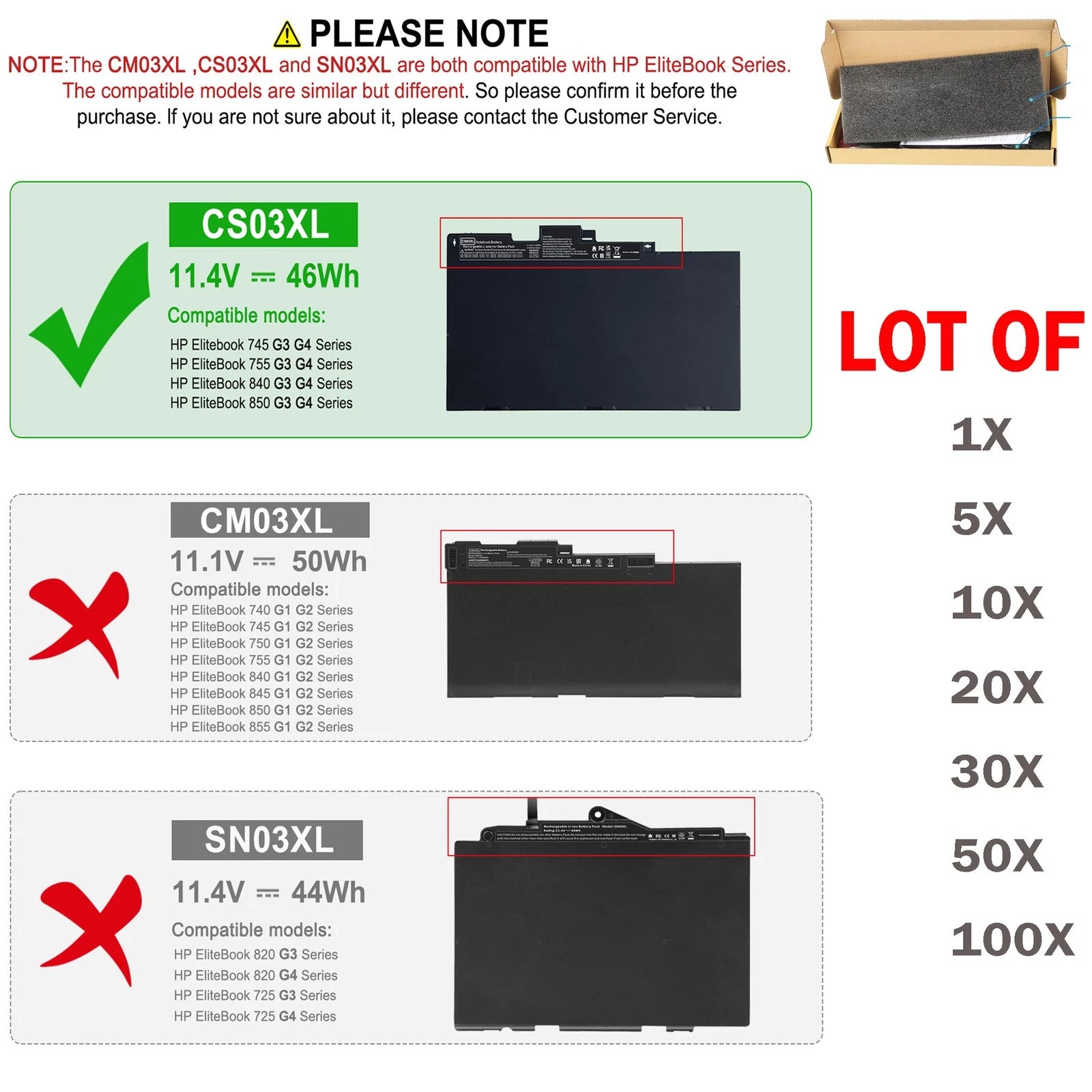 ??LOT 1-100x CS03XL Battery For HP Elitebook 745 840 G3 G4 854108-850 800513-001