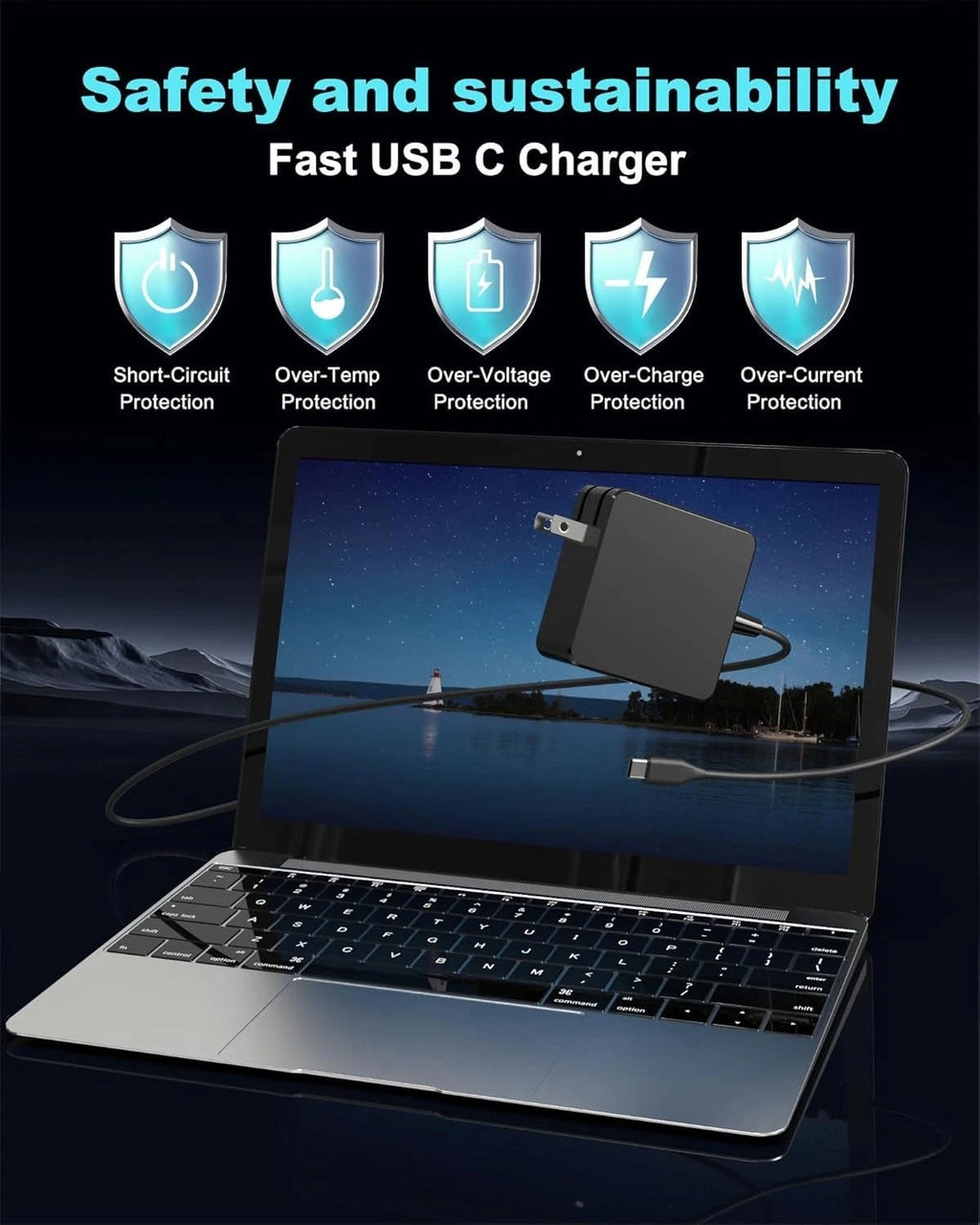 65W Type C USB-C Charger for Lenovo Chromebook 300e 100e Laptop Power Supply