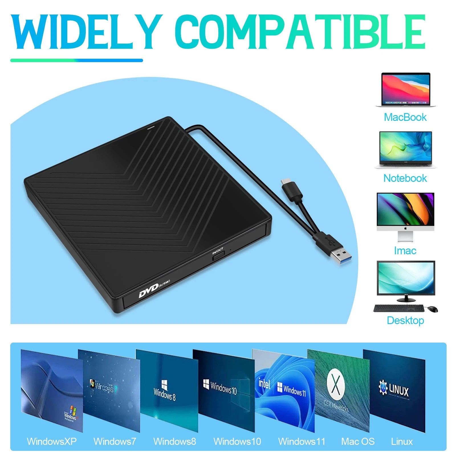 7 in 1 Portable External DVD Drive Player USB 3.0 Type-C CD DVD RW Reader Burner