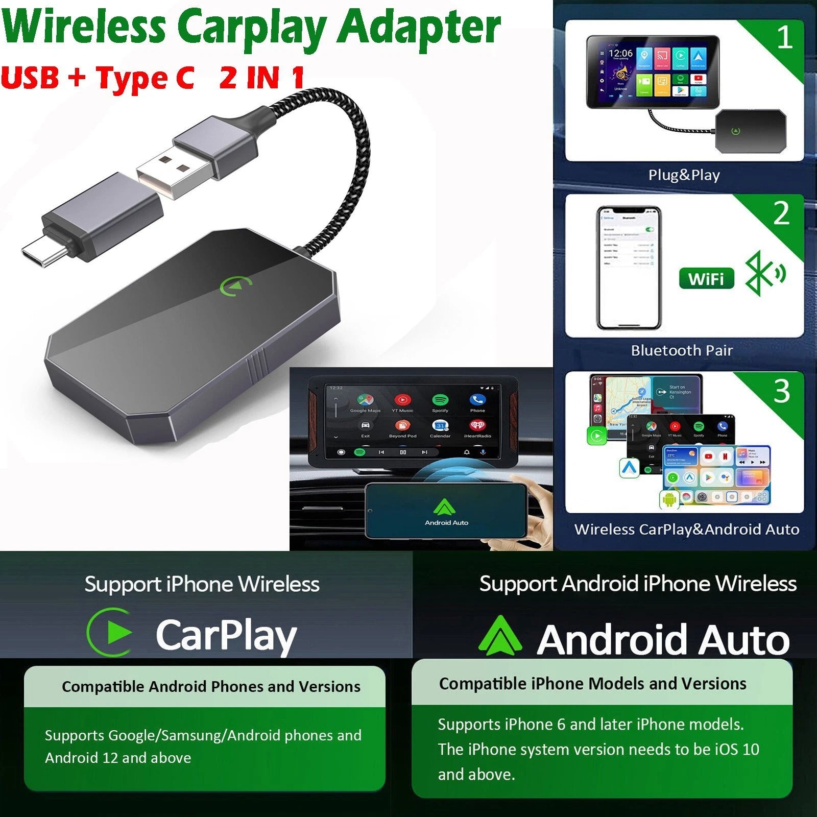 ??2in1 Wireless Apple Carplay Android Auto Adapter Box Plug&Play USB Dongle 2026