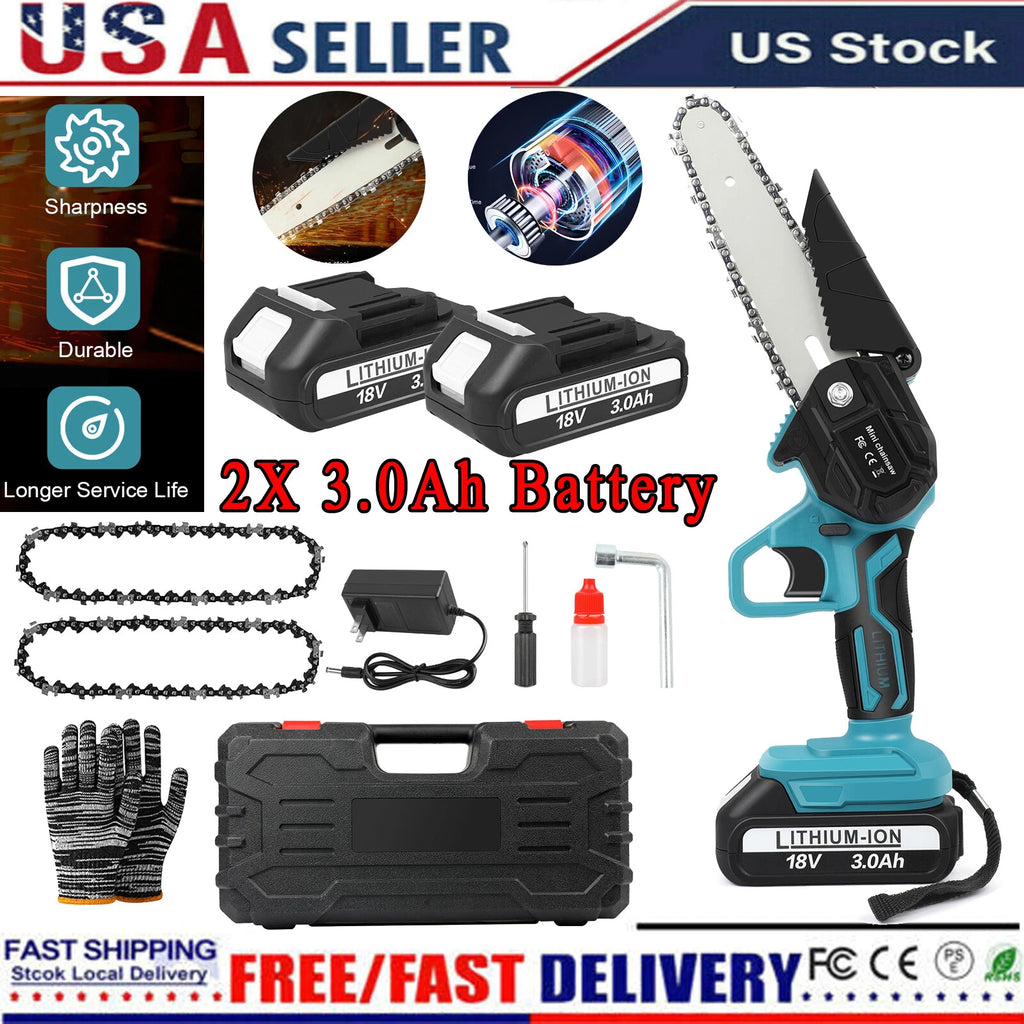 6'' Electric Cordless Chain Saw Small Mini Handheld Chainsaw 2 Battery Powered
