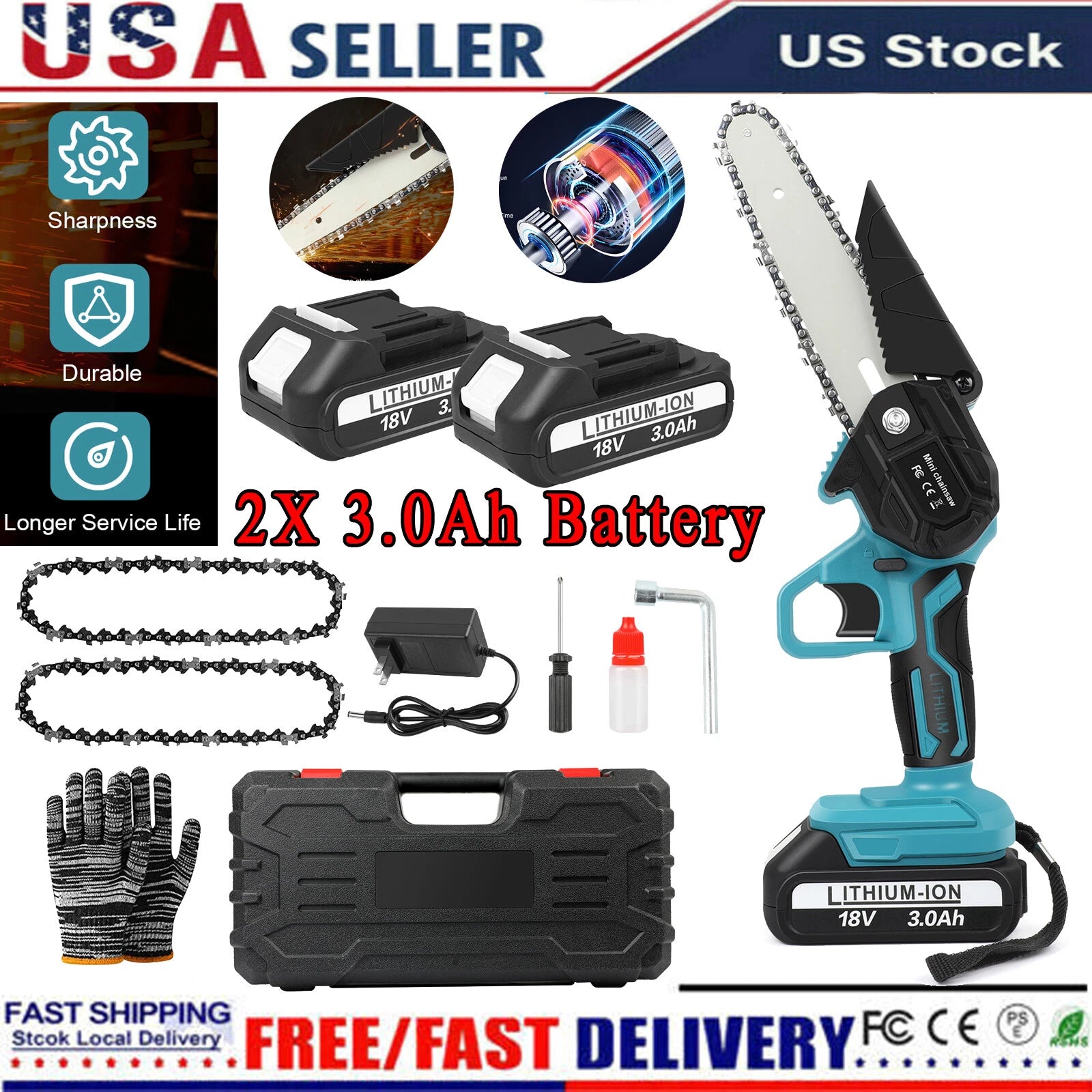 6'' Electric Cordless Chain Saw Small Mini Handheld Chainsaw 2 Battery Powered