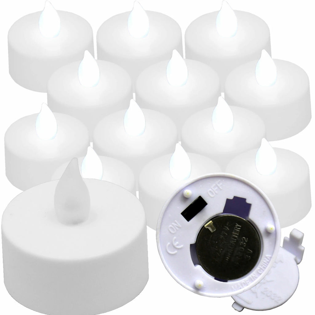 Qty 12 Battery Operated, Flickering WHITE LED Tealights Tea Lights Flameless
