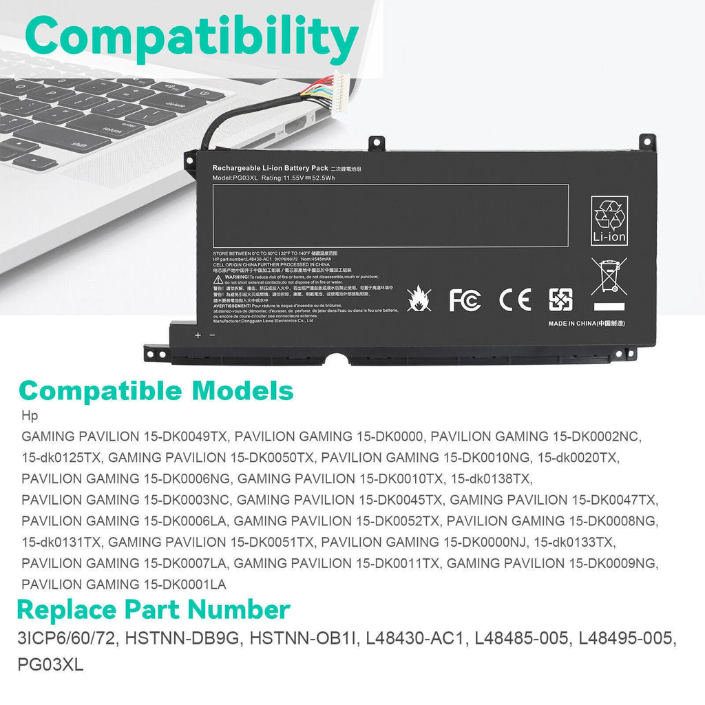 52.5Wh PG03XL Laptop Battery for HP Pavilion Gaming 15-DK 15T-DK 15-EC 15-DK0XXX