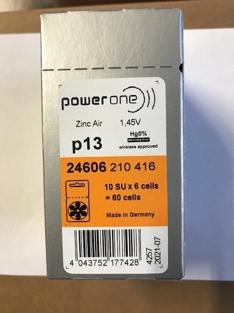 60 PowerOne Hearing Aid size 13 Genuine Mercury Free Batteries,Germany exp-2028
