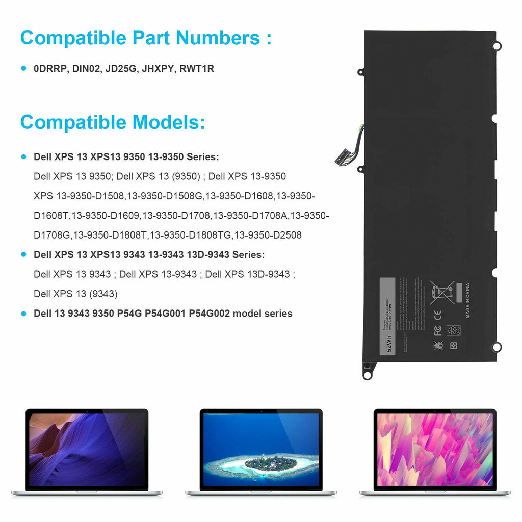 90V7W Battery for Dell XPS 13 9343 13 9350 0DRRP 5K9CP JD25G JHXPY P54G P54G001