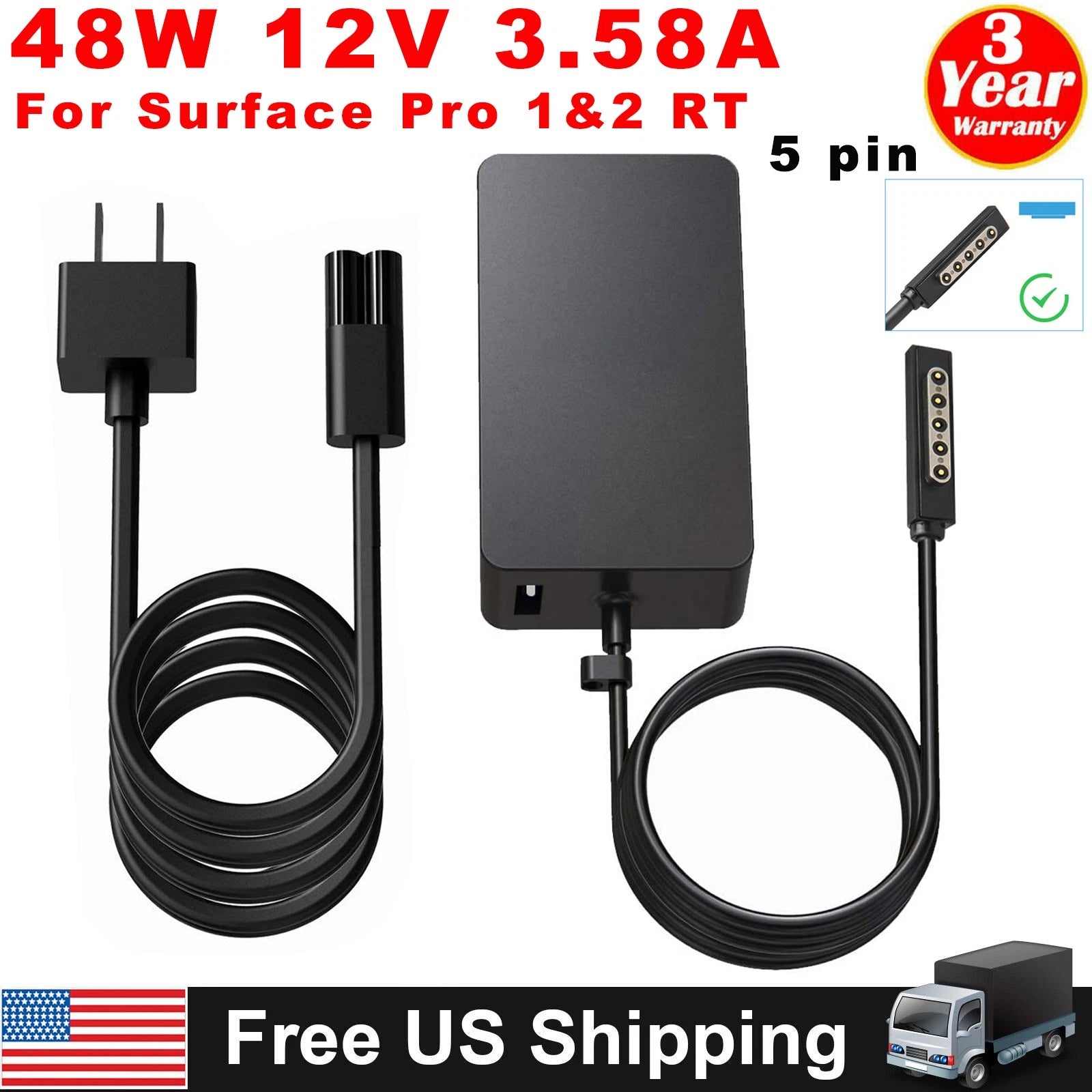 48W 12V 3.58A AC Adapter Charger For Microsoft Surface Pro 1 2 & RT Model 1536