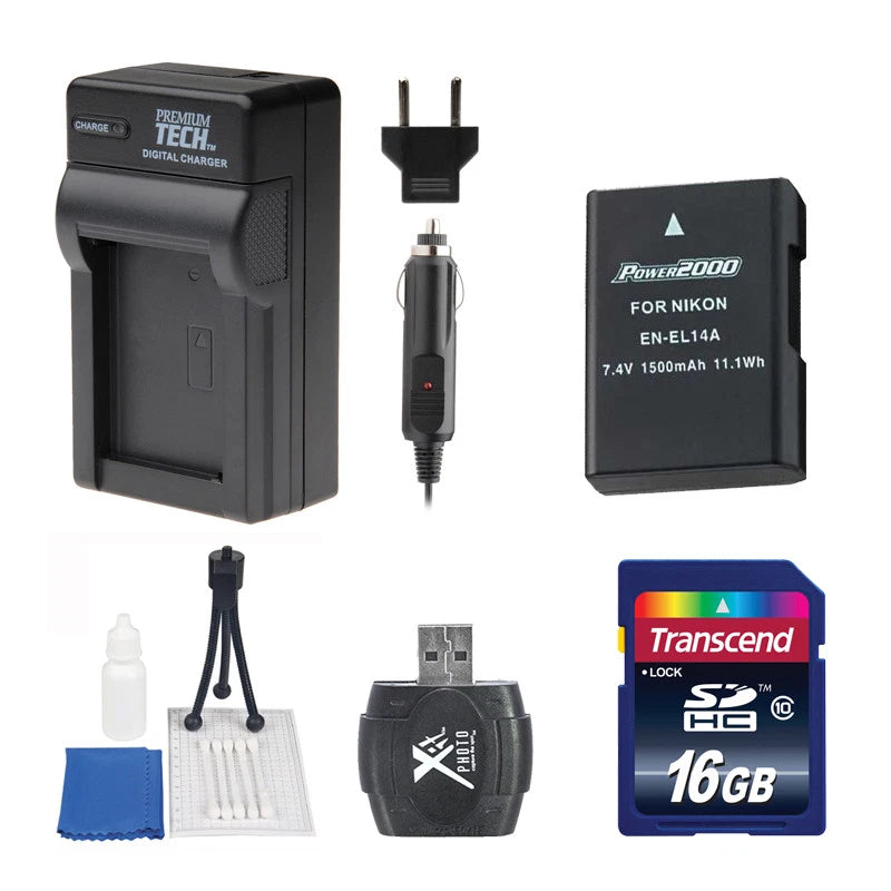 EN-EL14 Battery + Charger 16GB Value Kit for Nikon D3100 D3400 D5100 D5500