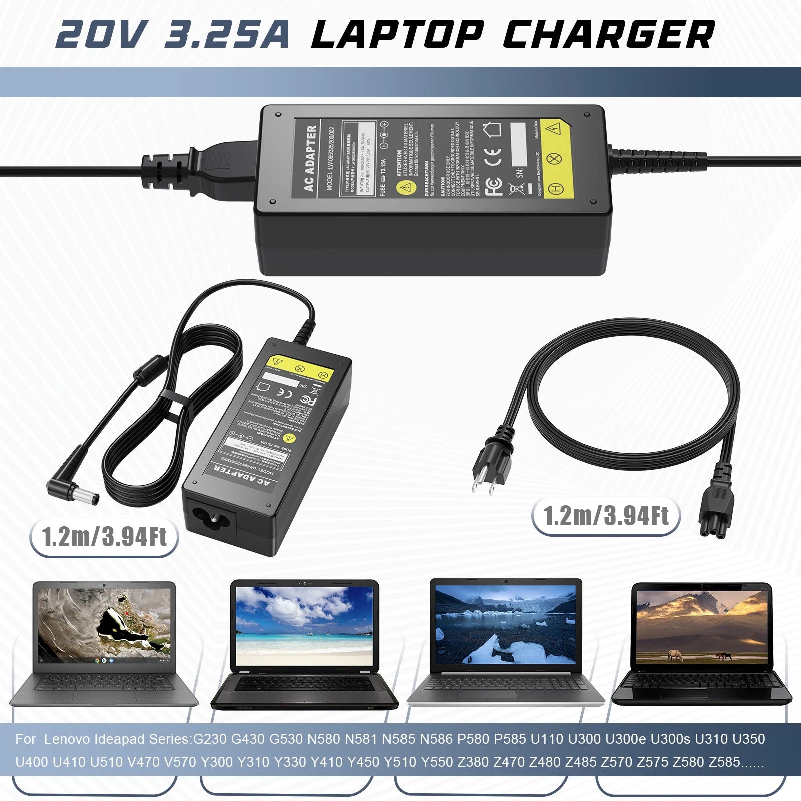 20V 3.25A 65W AC Adapter Charger for Lenovo Laptop Power Supply Cord 5.5*2.5mm
