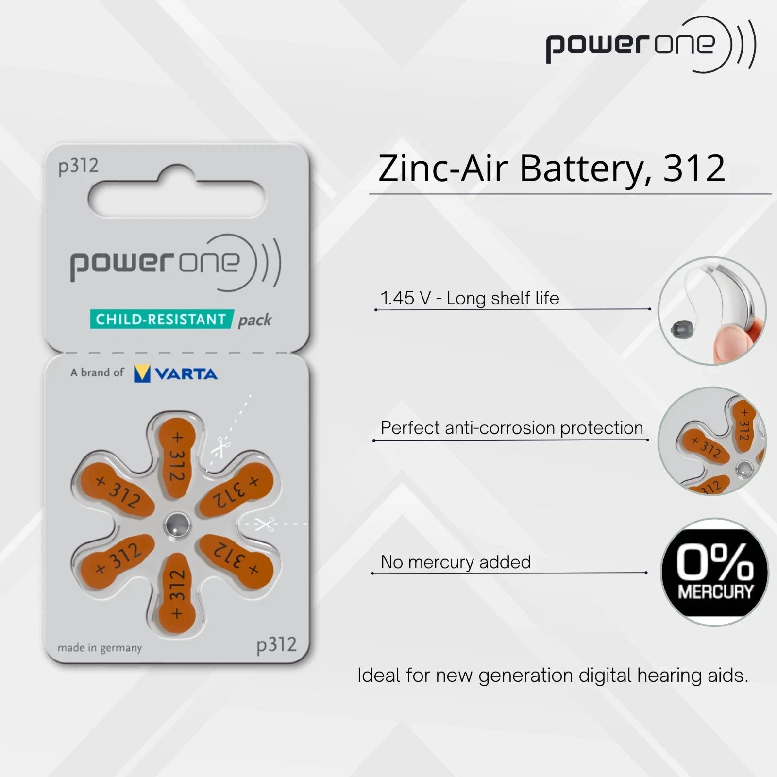 Power One Size 312 Mercury-Free Hearing Aid Battery (240 Pack)
